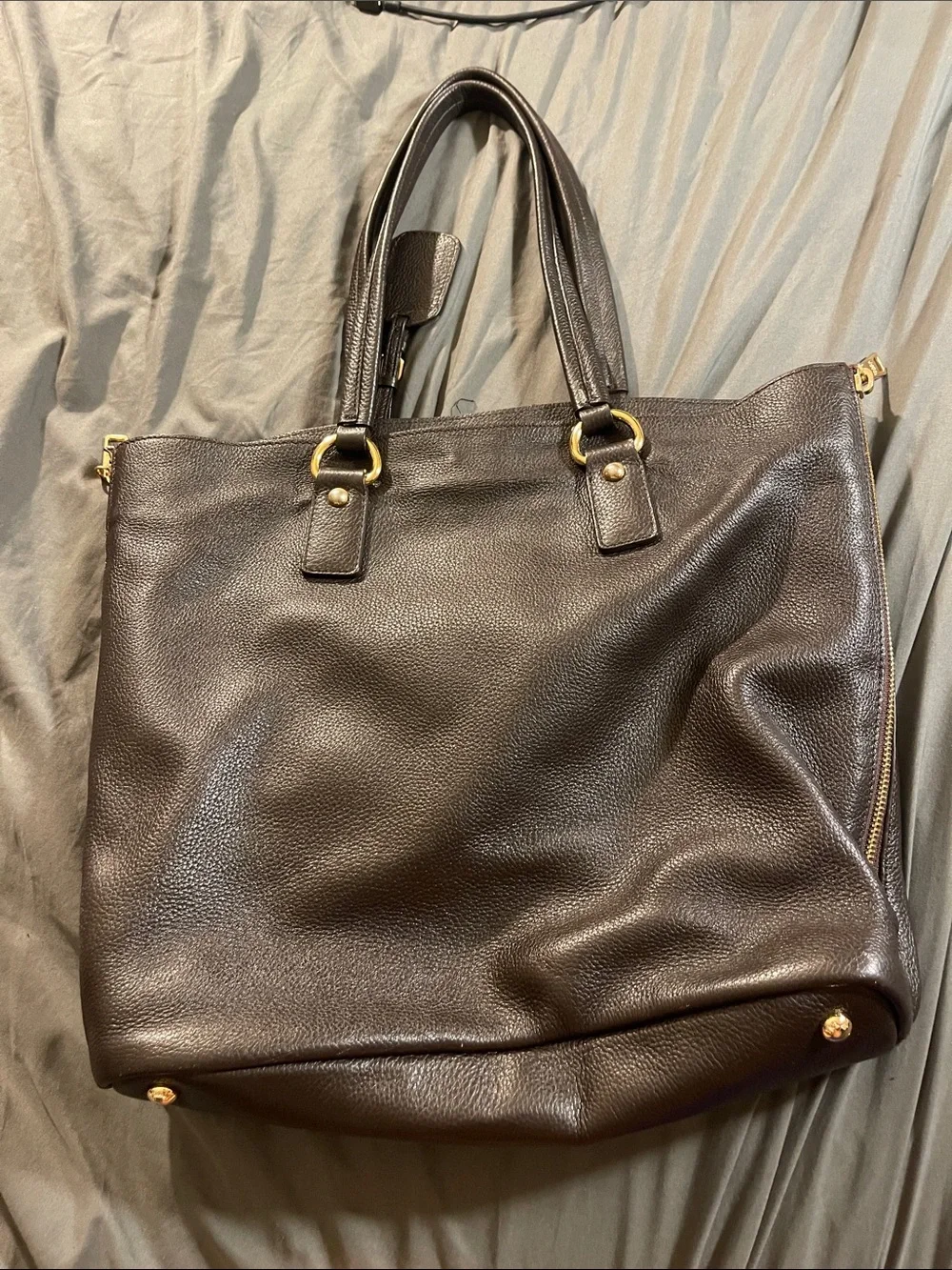 Prada Dark Brown Pebbled Leather Tote with Gold Hardware